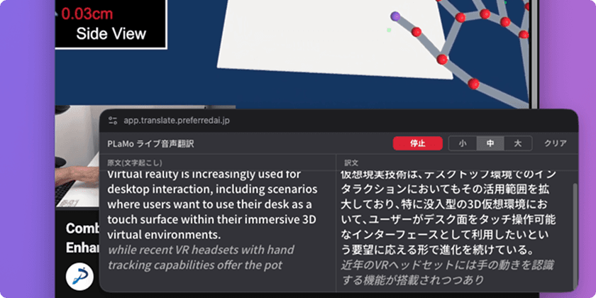 翻訳字幕を独立したウィンドウに表示し、動画と並べている画面