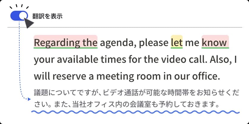 「翻訳を表示」をオンにすると、添削文の下に日本語の逆翻訳が表示される画面